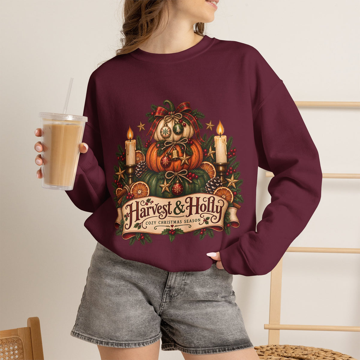 Harvest & Holly Crewneck Sweatshirt — Vintage Pumpkin Fall Graphic Sweatshirt