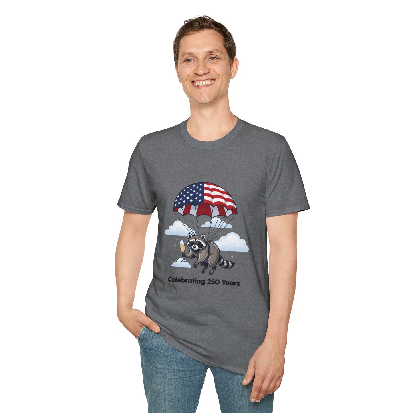 Patriotic Parachuting Raccoon T-Shirt — "Celebrating 250 Years"