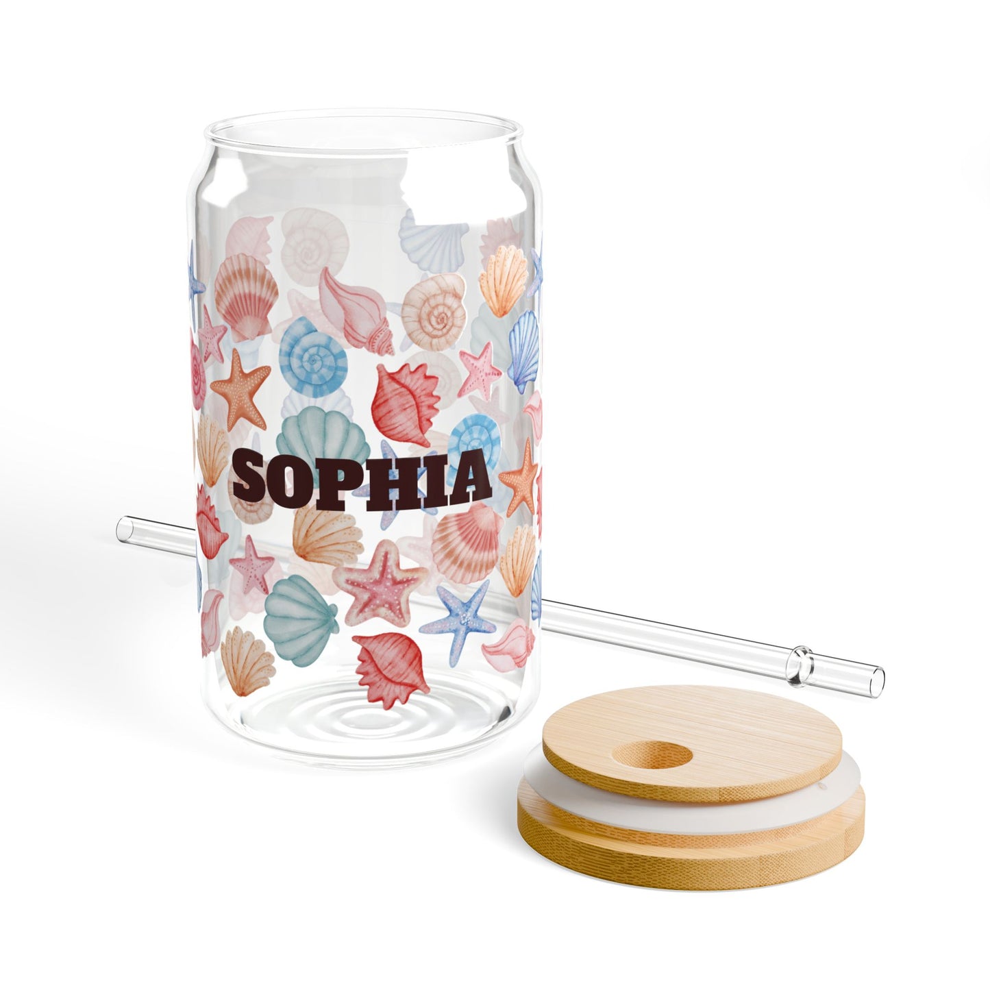 Personalized Seashell Sipper Glass - 16oz Beach Drink Tumbler with Straw (Custom Name)