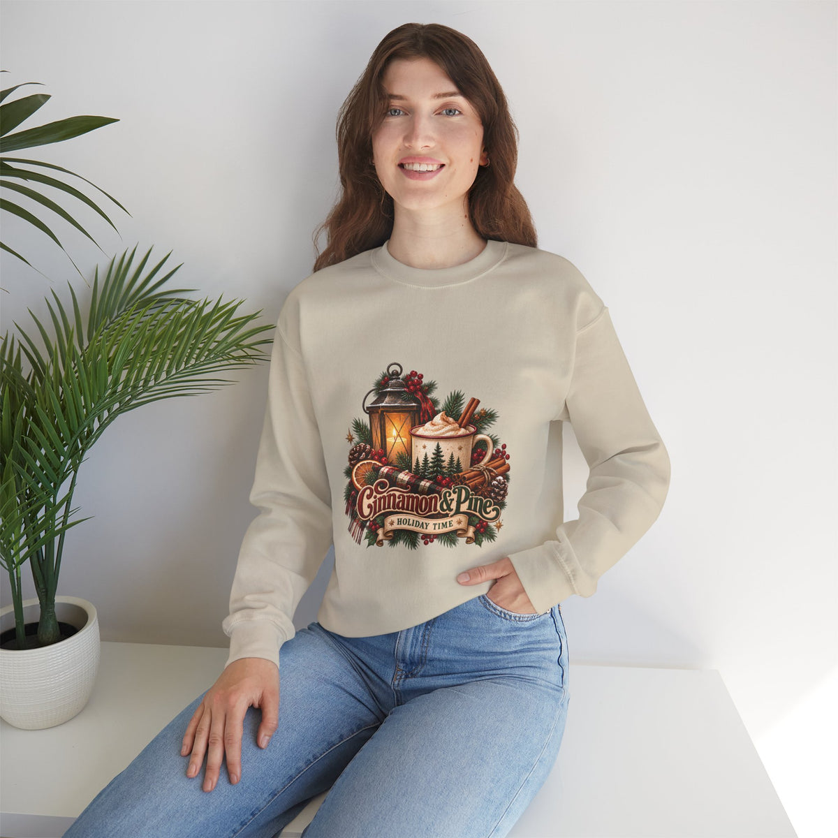 Cinnamon & Pine Crewneck Sweatshirt — Cozy Holiday Lantern Design Sweatshirt