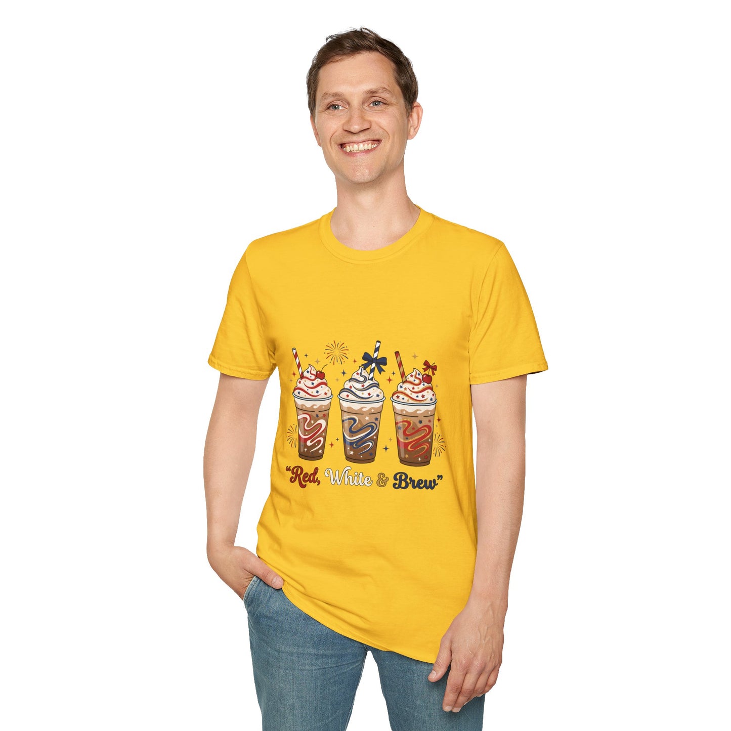 Patriotic Iced Coffee Tee — "Red, White & Brew" Graphic T‑Shirt