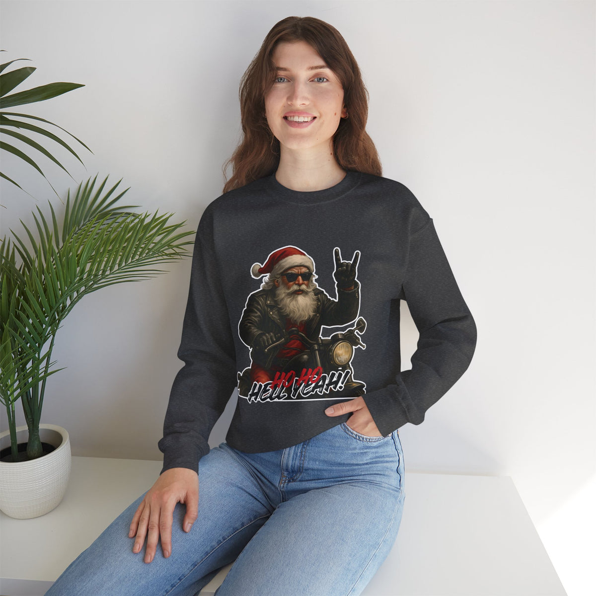 Santa Biker Crewneck Sweatshirt – 'Ho Ho Hell Yeah' Christmas Motorcycle Pullover