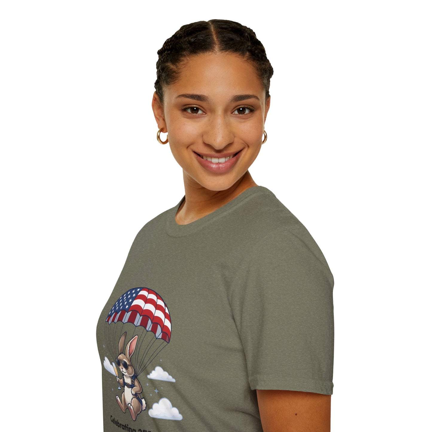 Patriotic Parachuting Bunny T-Shirt — "Celebrating 250 Years"