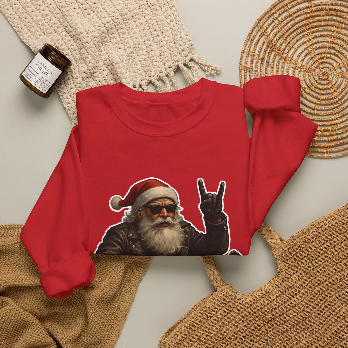 Santa Biker Crewneck Sweatshirt – 'Ho Ho Hell Yeah' Christmas Motorcycle Pullover