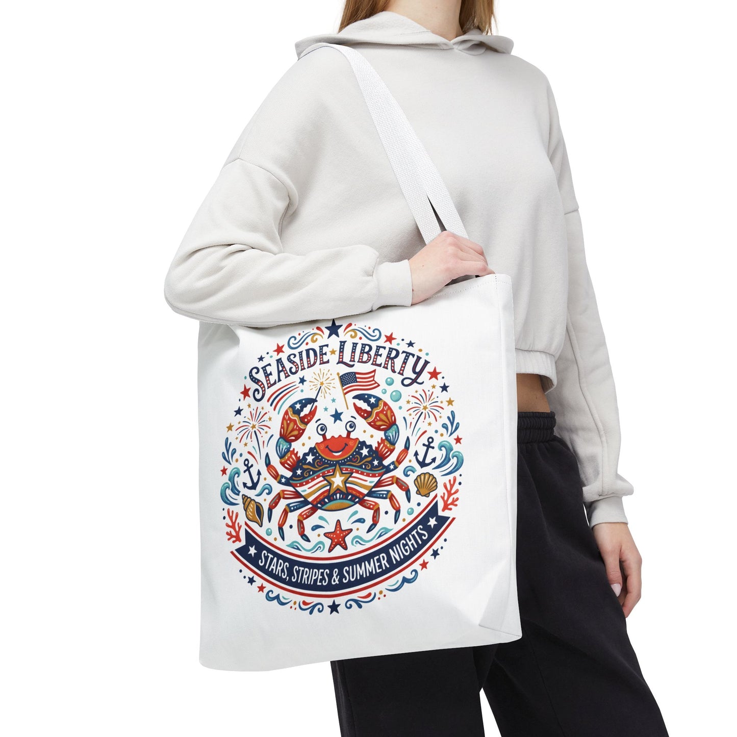 Seaside Liberty Tote Bag — 4th of July, Patriotic Bag "Stars, Stripes & Summer Nights"