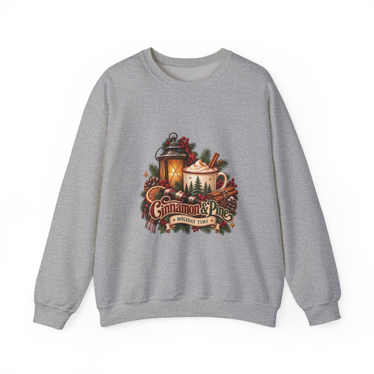 Cinnamon & Pine Crewneck Sweatshirt — Cozy Holiday Lantern Design Sweatshirt
