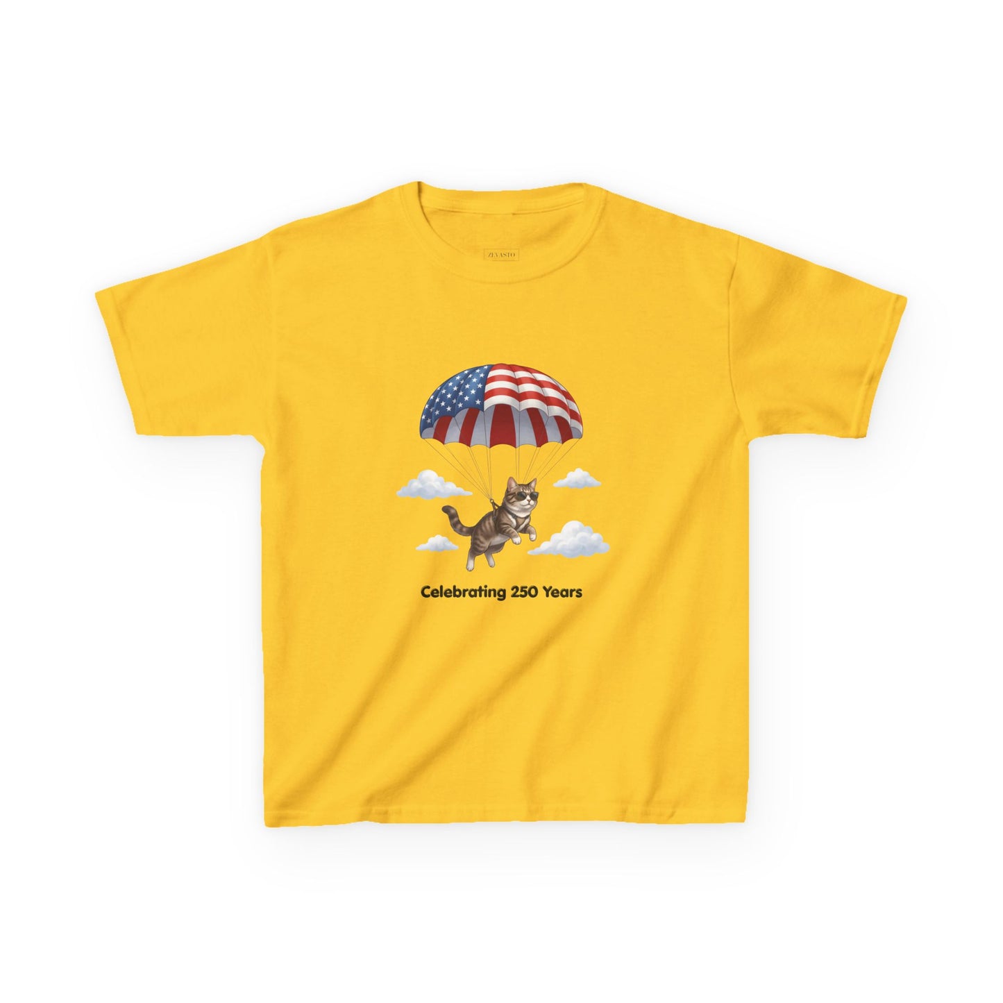 Kids Patriotic Parachuting Cat Tee — "Celebrating 250 Years"