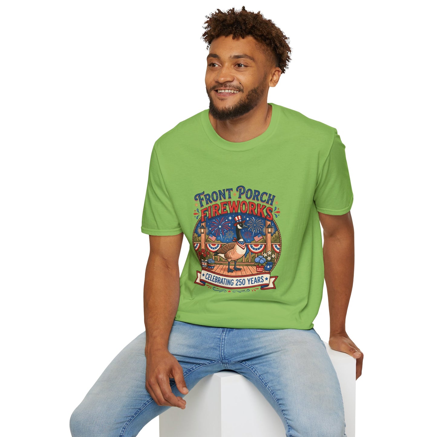 Front Porch Fireworks, Goose T-Shirt — Patriotic 4th of July Celebration Tee
