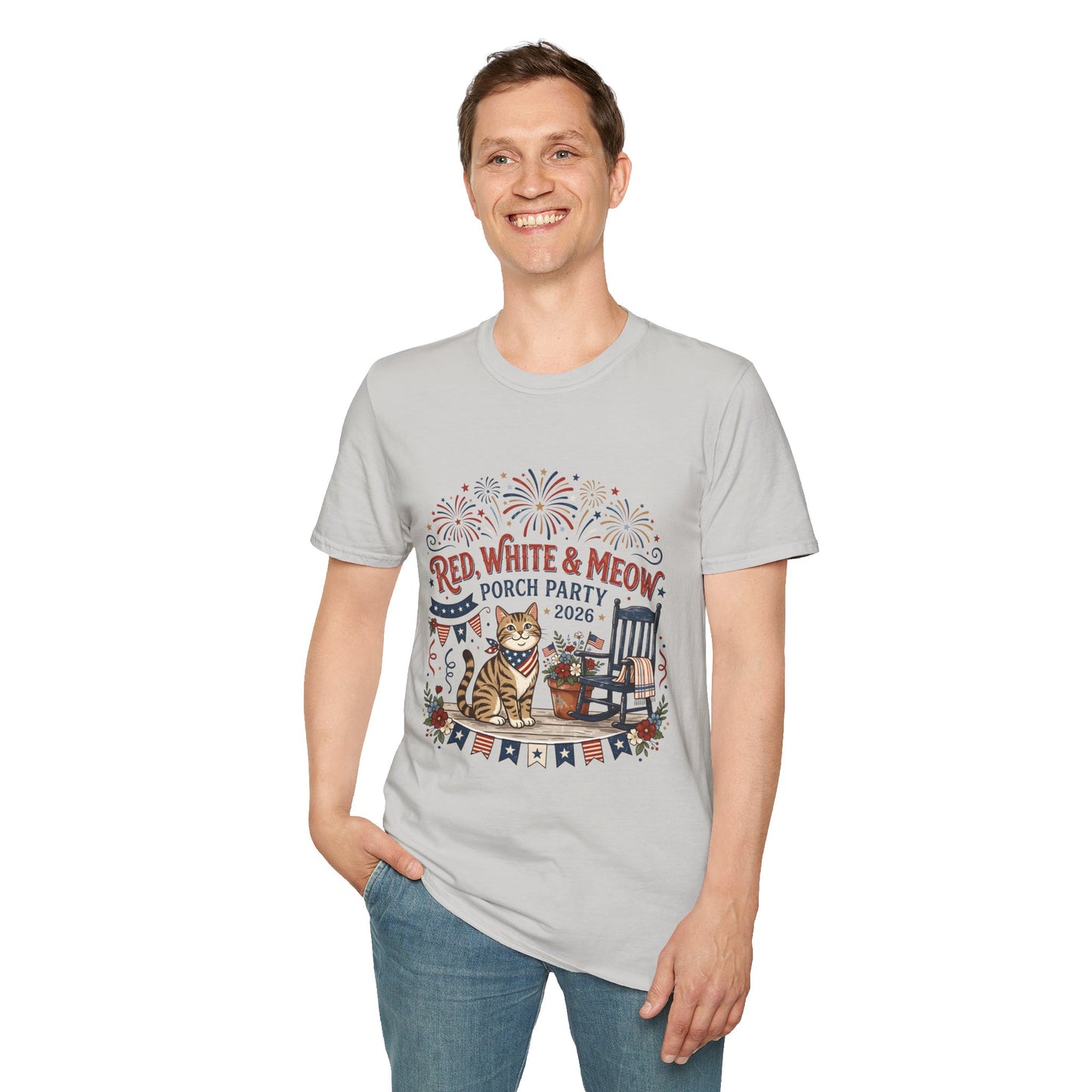 Red, White & Meow Porch Party T-Shirt — 2026 Patriotic Cat Tee, 4th of July Shirt, Independence Day Gift