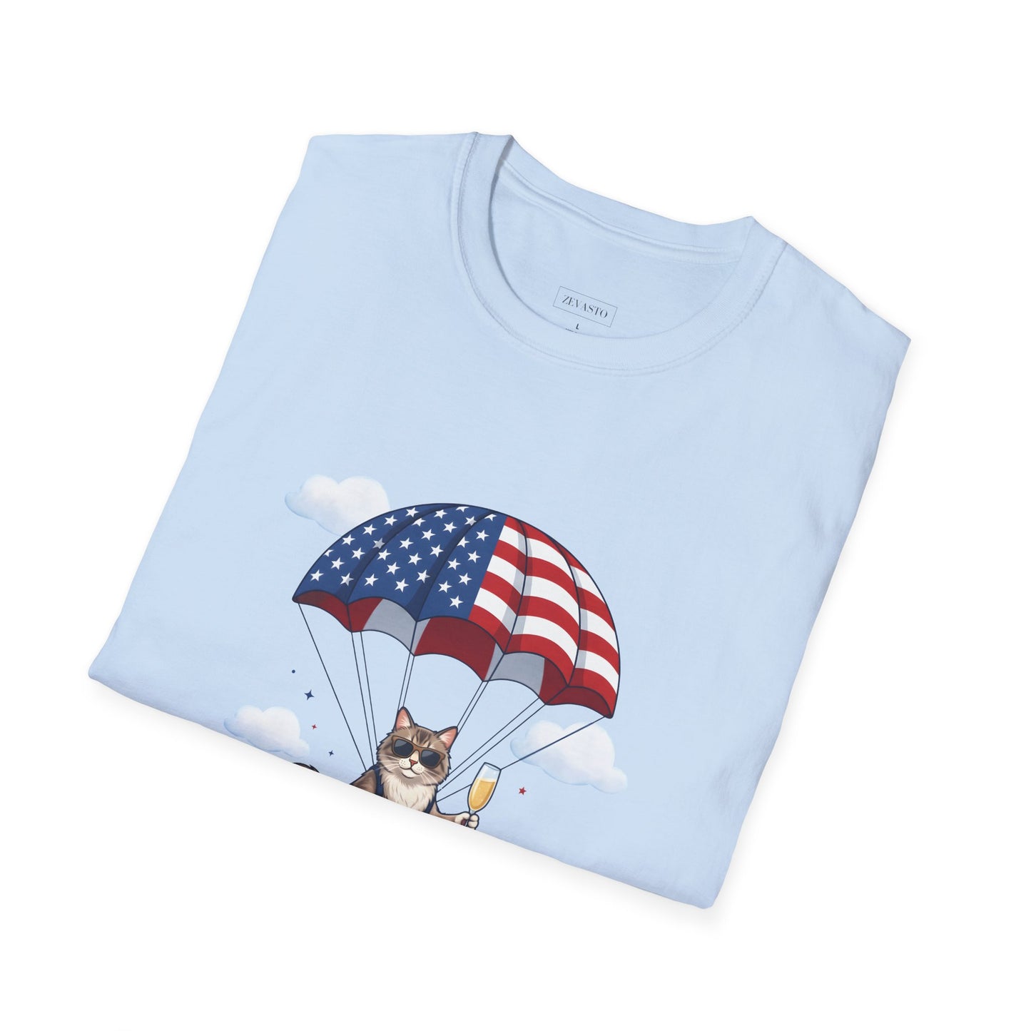 Patriotic Cat Parachute T-Shirt — "Celebrating 250 Years" 4th of July Tee