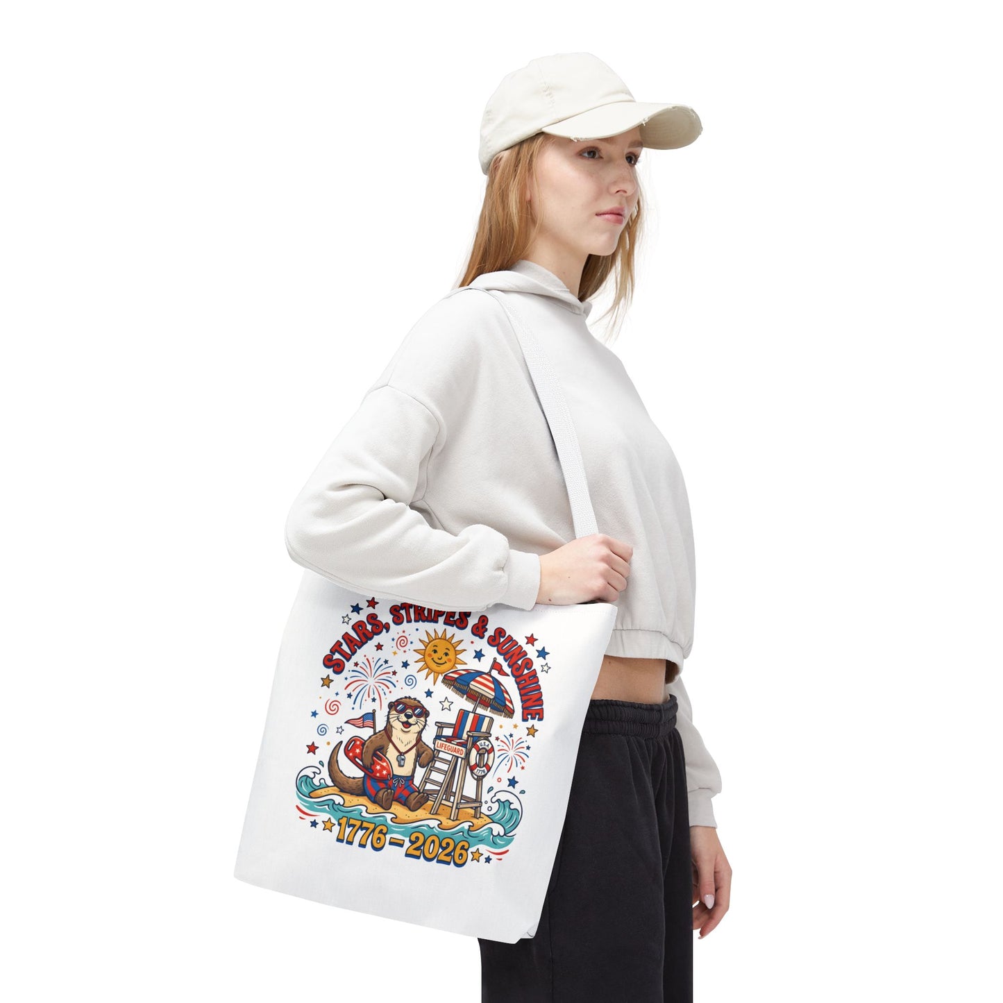 Stars, Stripes & Sunshine Tote Bag — 1776–2026 Patriotic Summer Beach Tote, 4th of July Tote