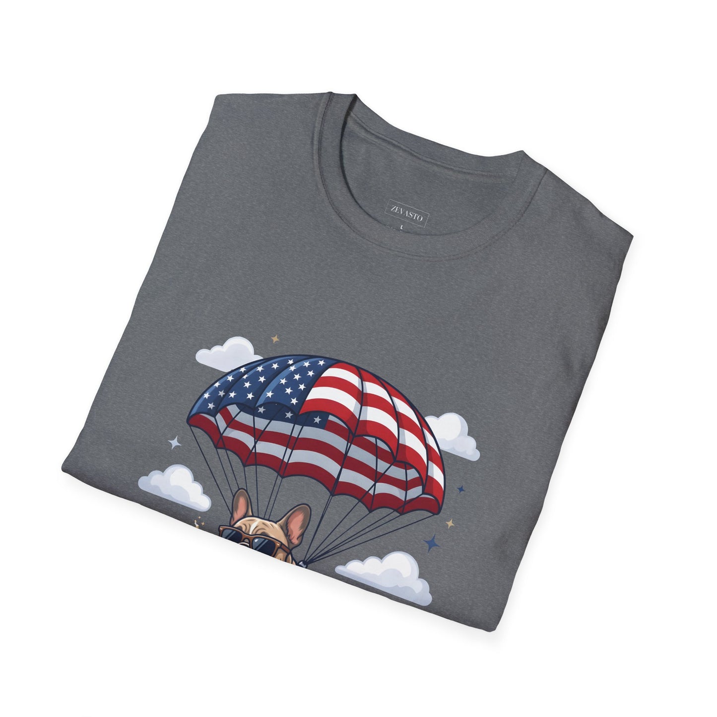 Patriotic French Bulldog T-Shirt — "Celebrating 250 Years" Parachute Design