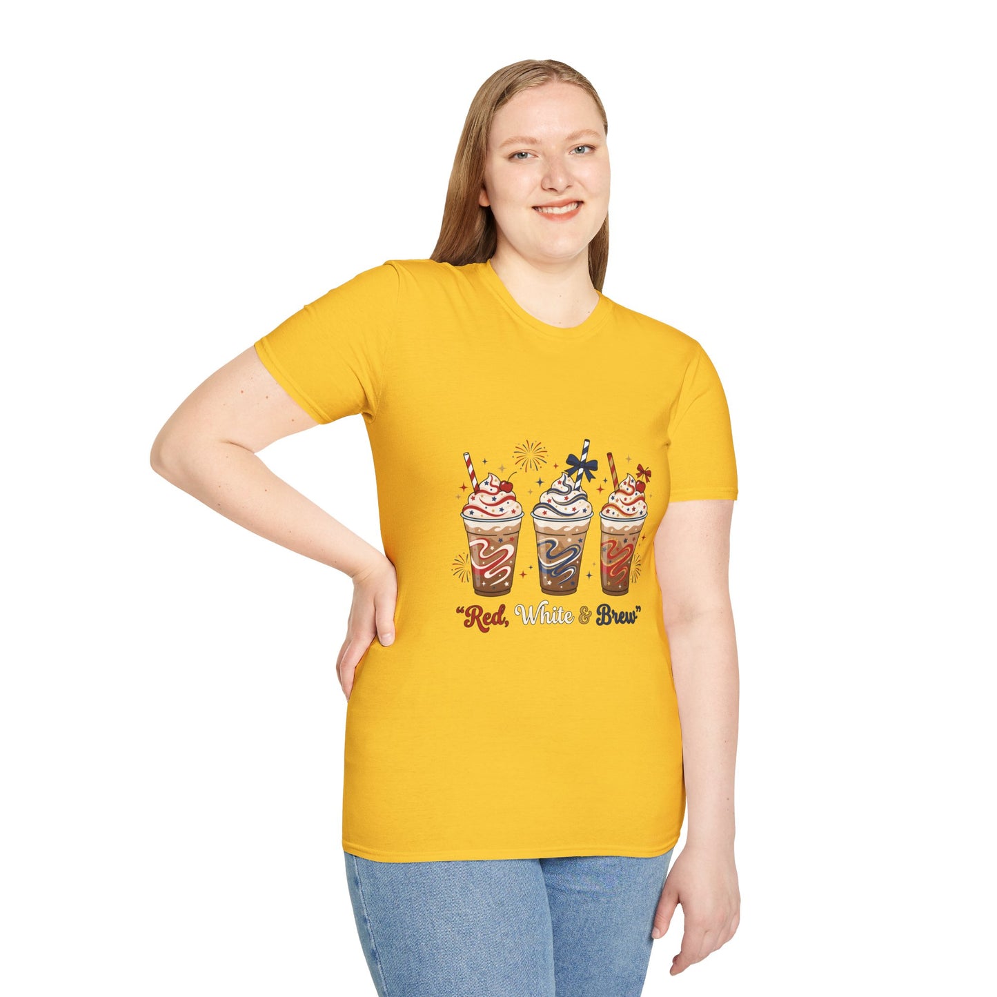 Patriotic Iced Coffee Tee — "Red, White & Brew" Graphic T‑Shirt