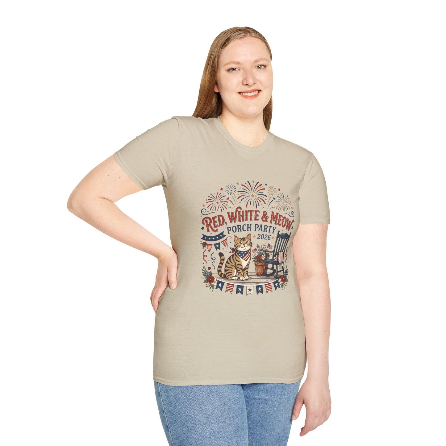 Red, White & Meow Porch Party T-Shirt — 2026 Patriotic Cat Tee, 4th of July Shirt, Independence Day Gift
