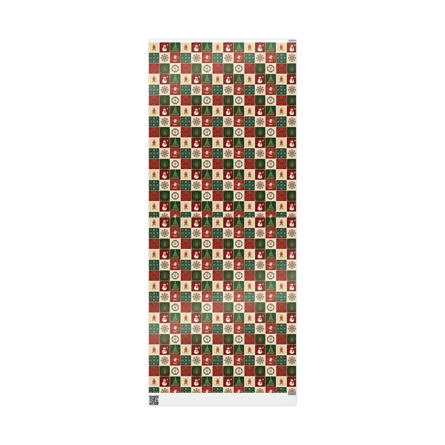 Christmas Patchwork Wrapping Paper Roll — Holiday Gift Wrap with Gingerbread, Snowman & Reindeer