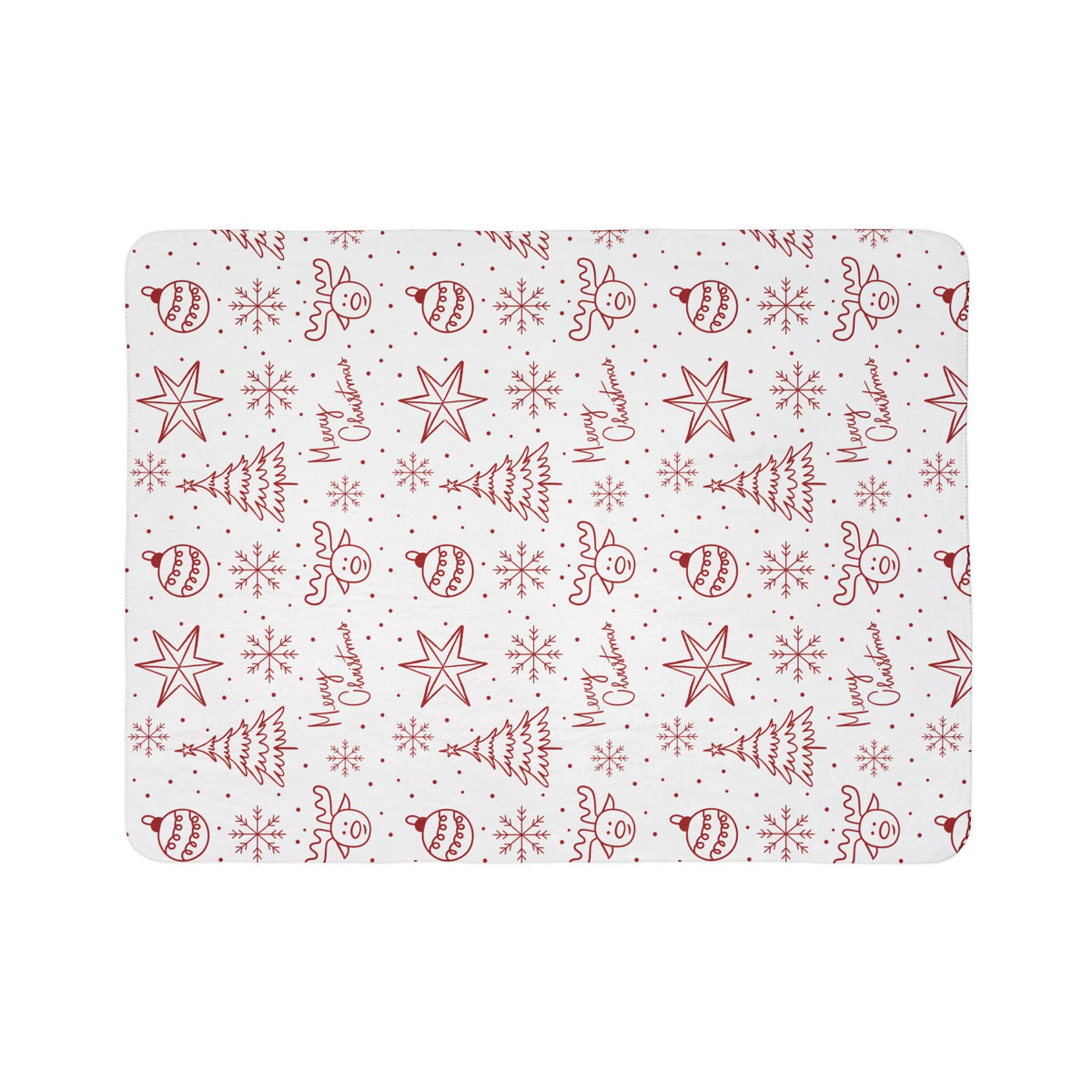 Christmas Fleece Sherpa Blanket - Red Doodle Trees, Reindeer & "Merry Christmas" Pattern