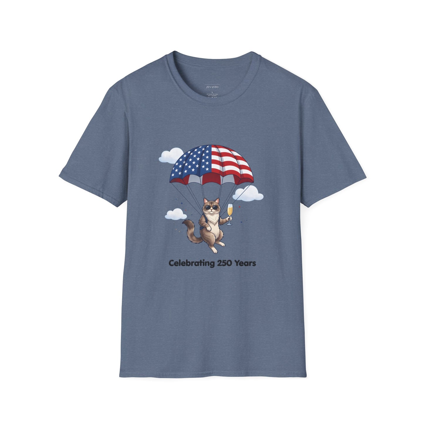 Patriotic Cat Parachute T-Shirt — "Celebrating 250 Years" 4th of July Tee