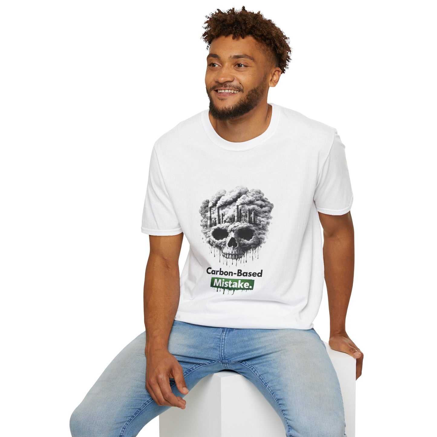 Carbon-Based Mistake Skull T-Shirt — Dark Humor Graphic Tee for Earth Day