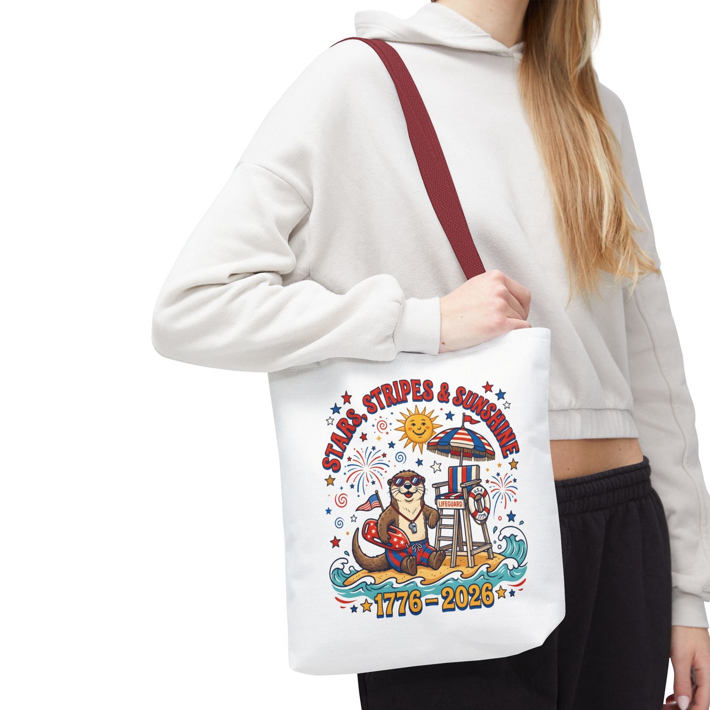 Stars, Stripes & Sunshine Tote Bag — 1776–2026 Patriotic Summer Beach Tote, 4th of July Tote