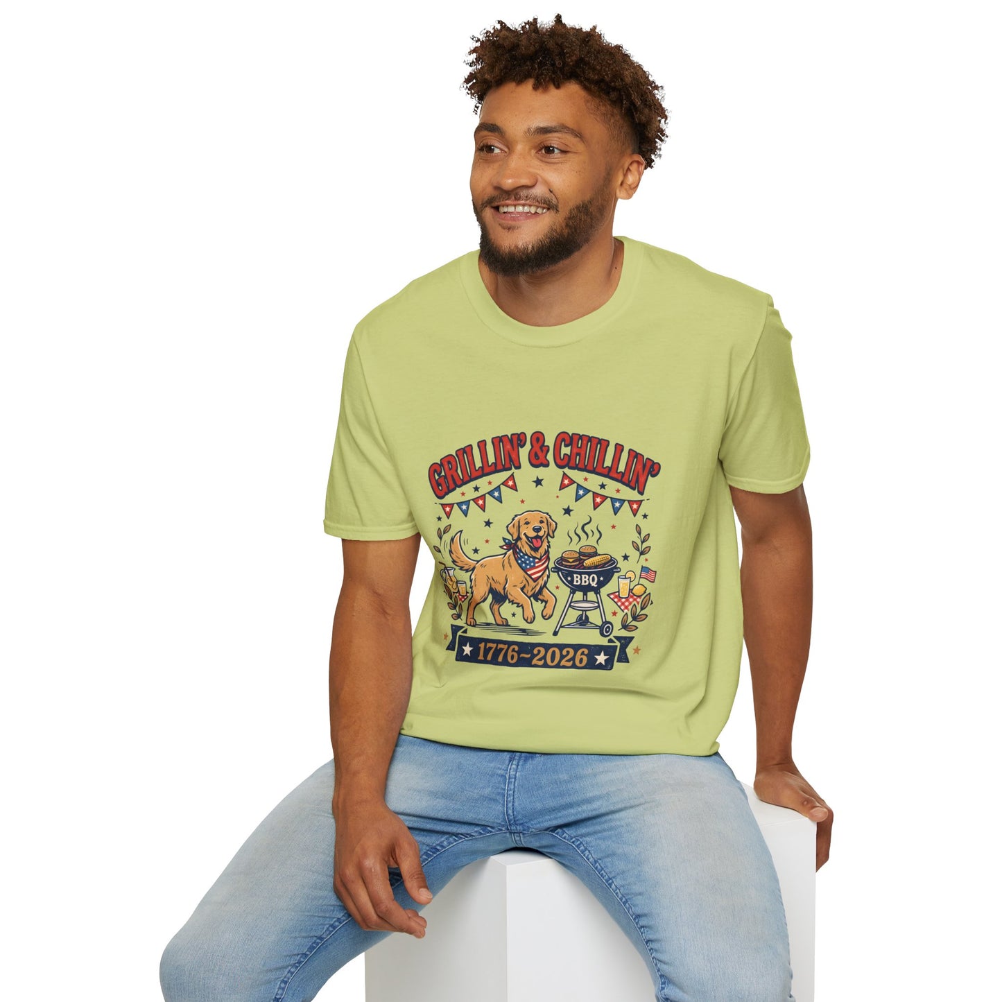 Grillin' & Chillin' BBQ Dog T-Shirt — 1776-2026 Patriotic Summer Tee, 4th of July Shirt, Independence Day Tee
