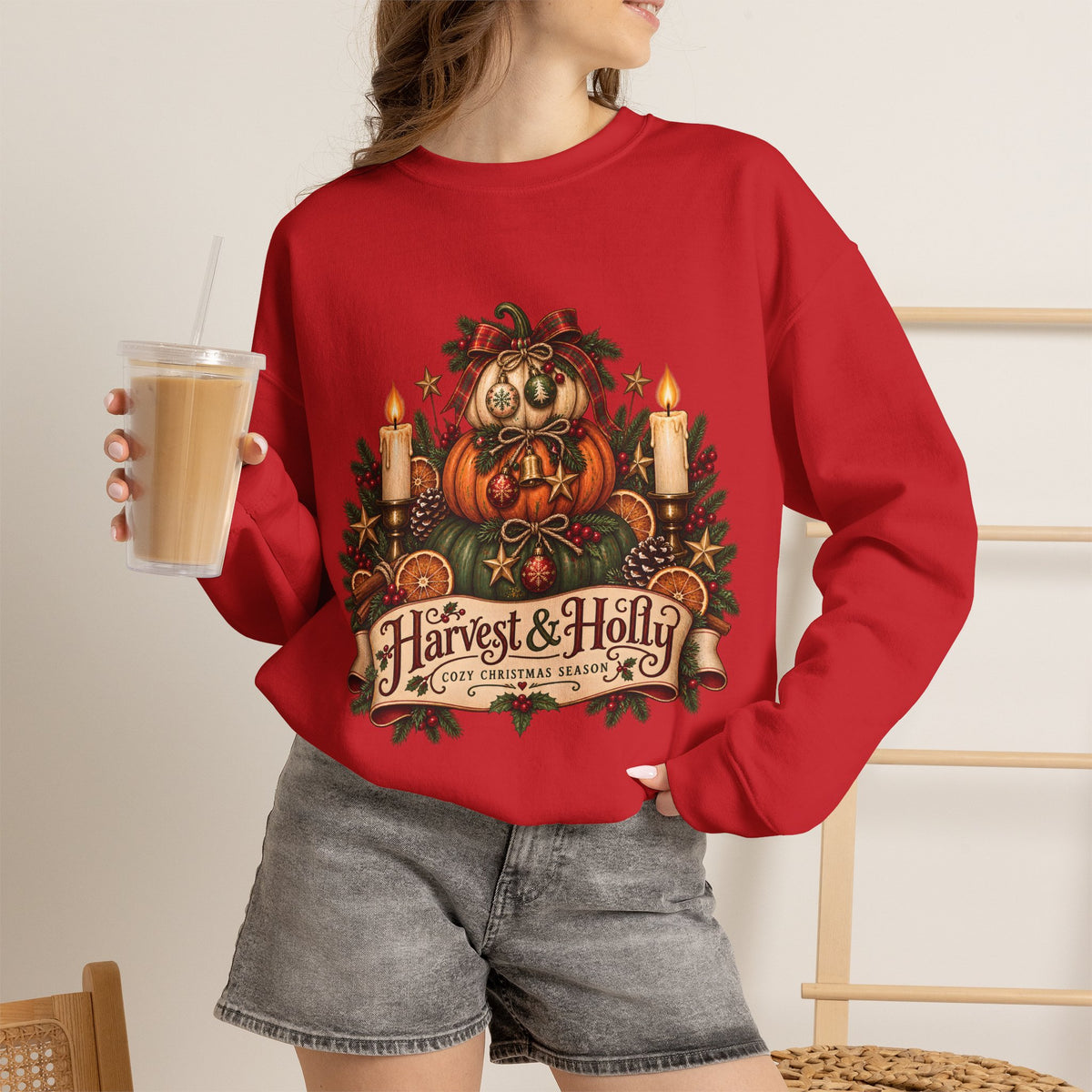 Harvest & Holly Crewneck Sweatshirt — Vintage Pumpkin Fall Graphic Sweatshirt