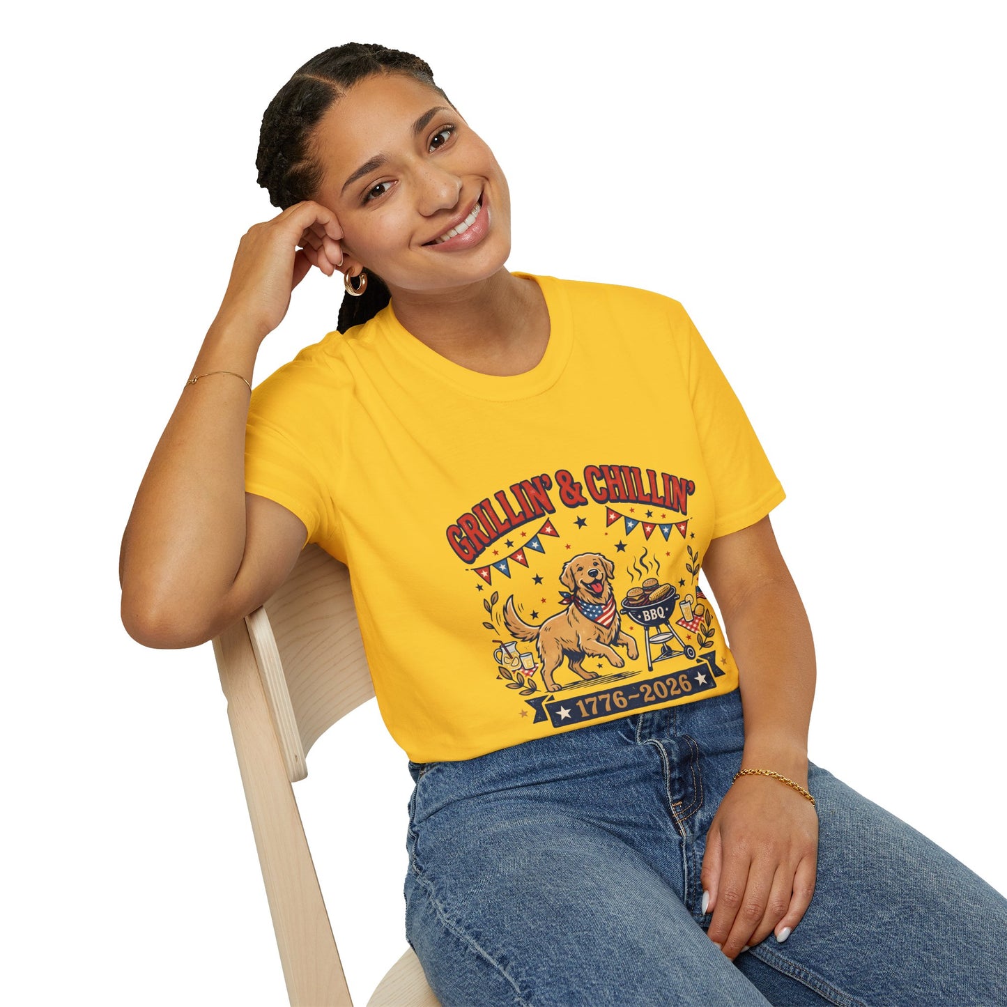 Grillin' & Chillin' BBQ Dog T-Shirt — 1776-2026 Patriotic Summer Tee, 4th of July Shirt, Independence Day Tee
