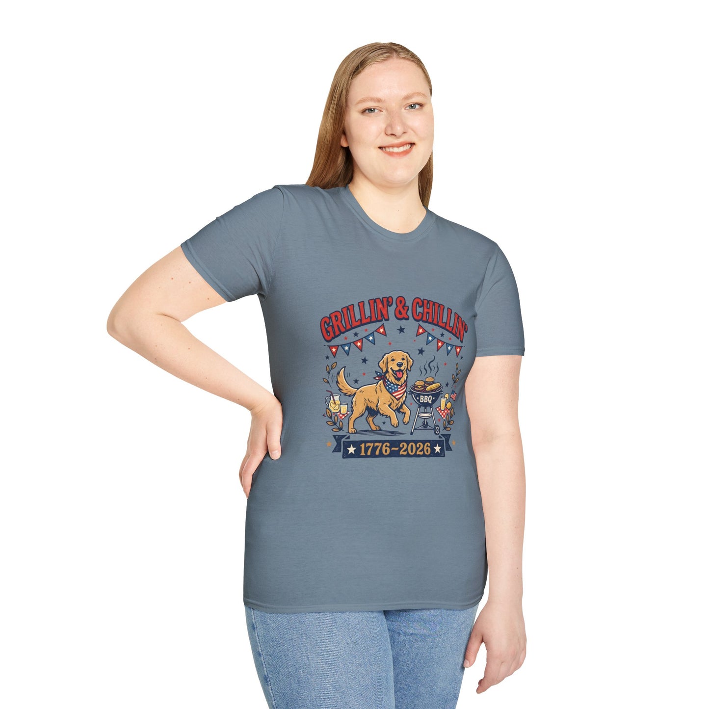 Grillin' & Chillin' BBQ Dog T-Shirt — 1776-2026 Patriotic Summer Tee, 4th of July Shirt, Independence Day Tee