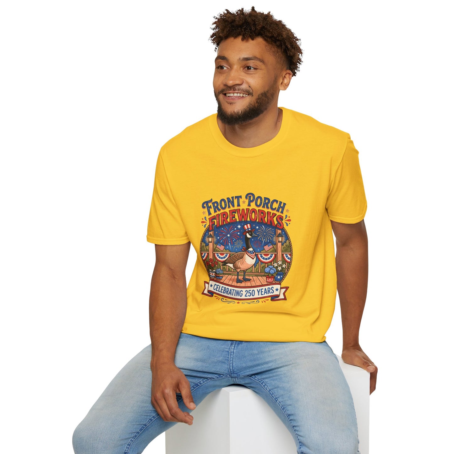 Front Porch Fireworks, Goose T-Shirt — Patriotic 4th of July Celebration Tee