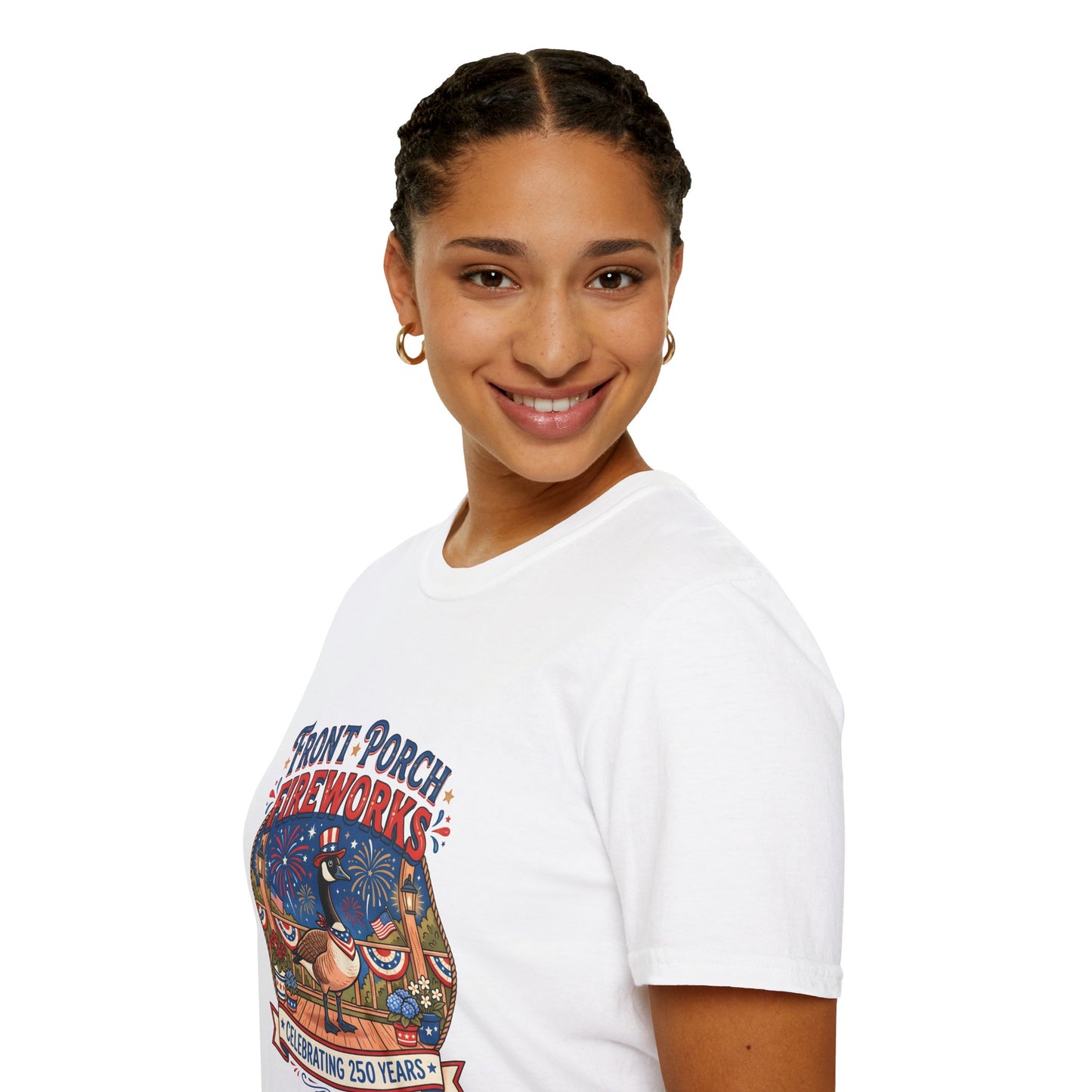 Front Porch Fireworks, Goose T-Shirt — Patriotic 4th of July Celebration Tee