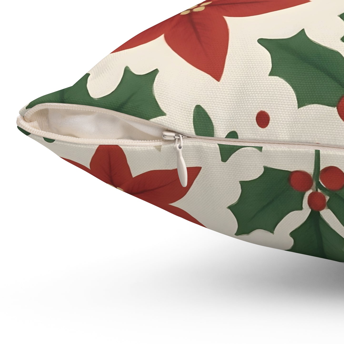 Poinsettia and Holly Leaves Holiday Throw Pillow - Festive Christmas Floral Decorative Cushion