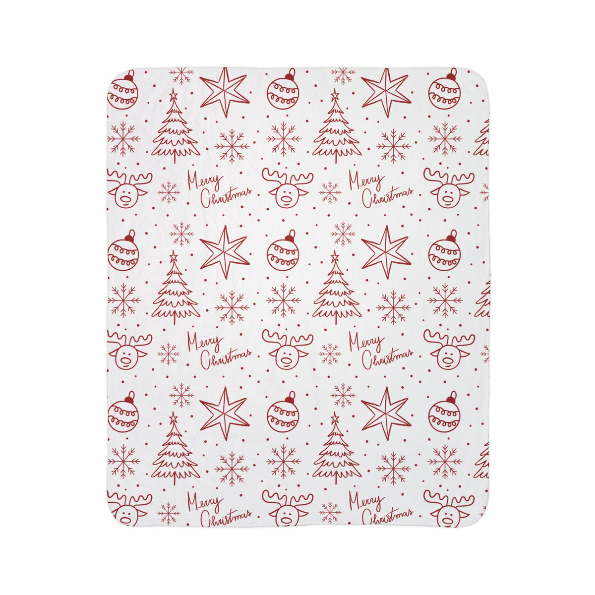 Christmas Fleece Sherpa Blanket - Red Doodle Trees, Reindeer & "Merry Christmas" Pattern