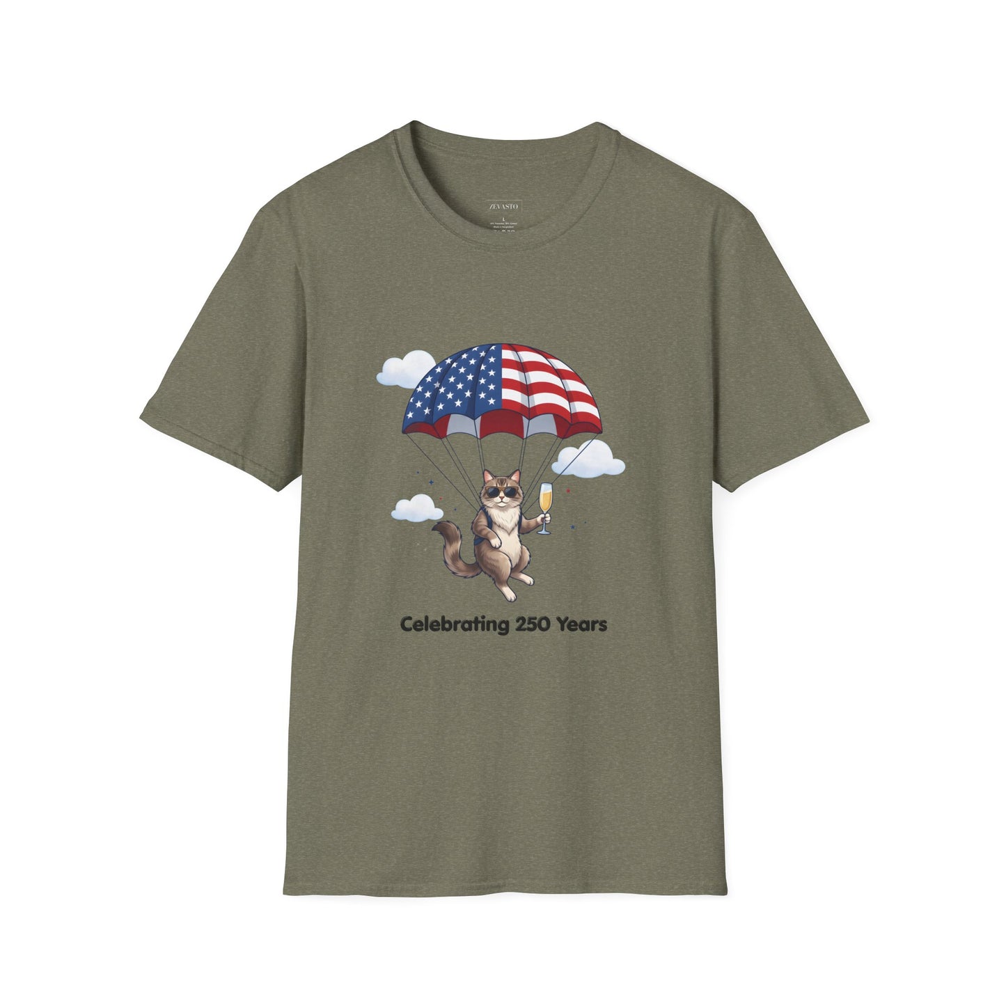 Patriotic Cat Parachute T-Shirt — "Celebrating 250 Years" 4th of July Tee