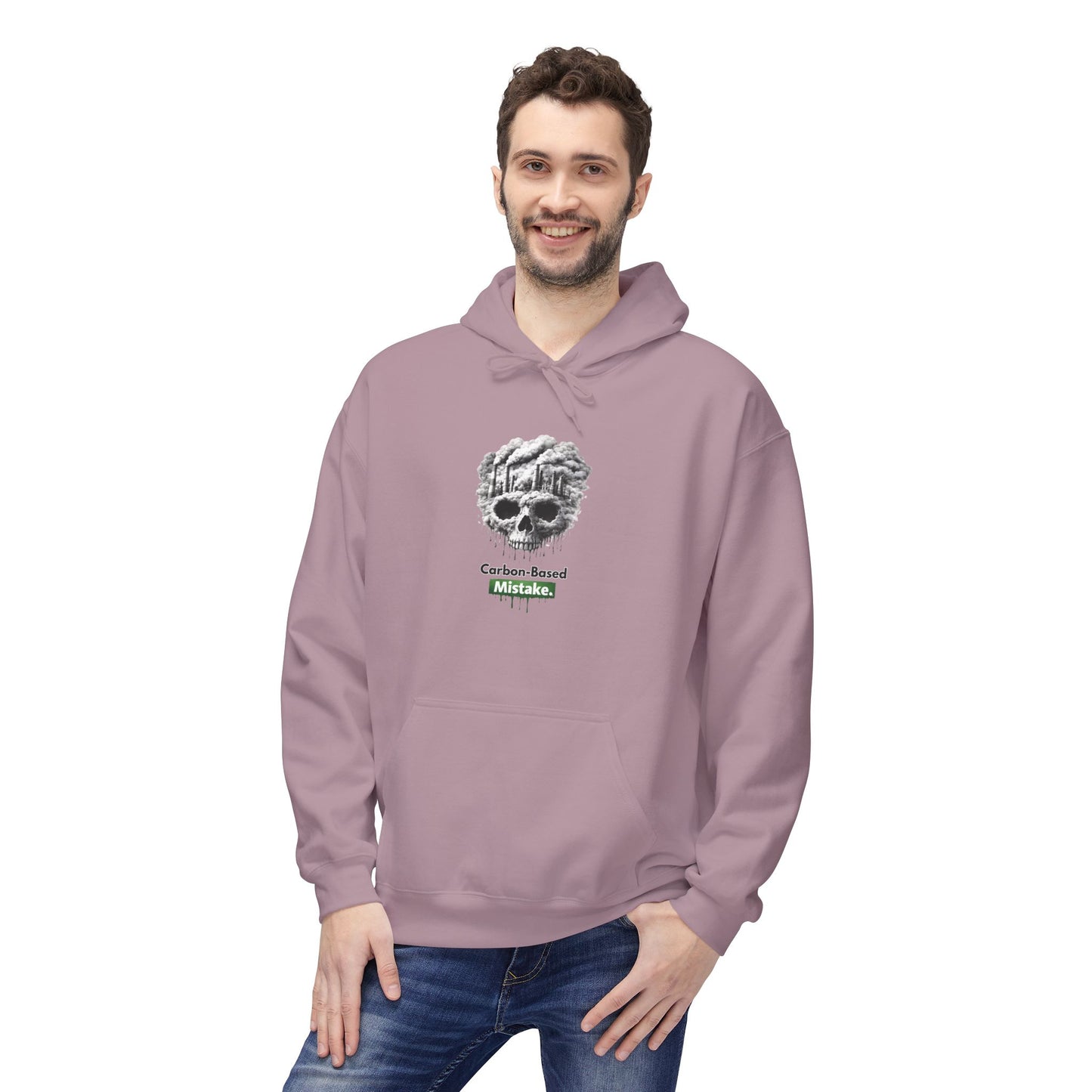 Unisex Hoodie — “Carbon-Based Mistake” Graphic Pullover, Gift for Earth Day, Sarcastic Hoodie