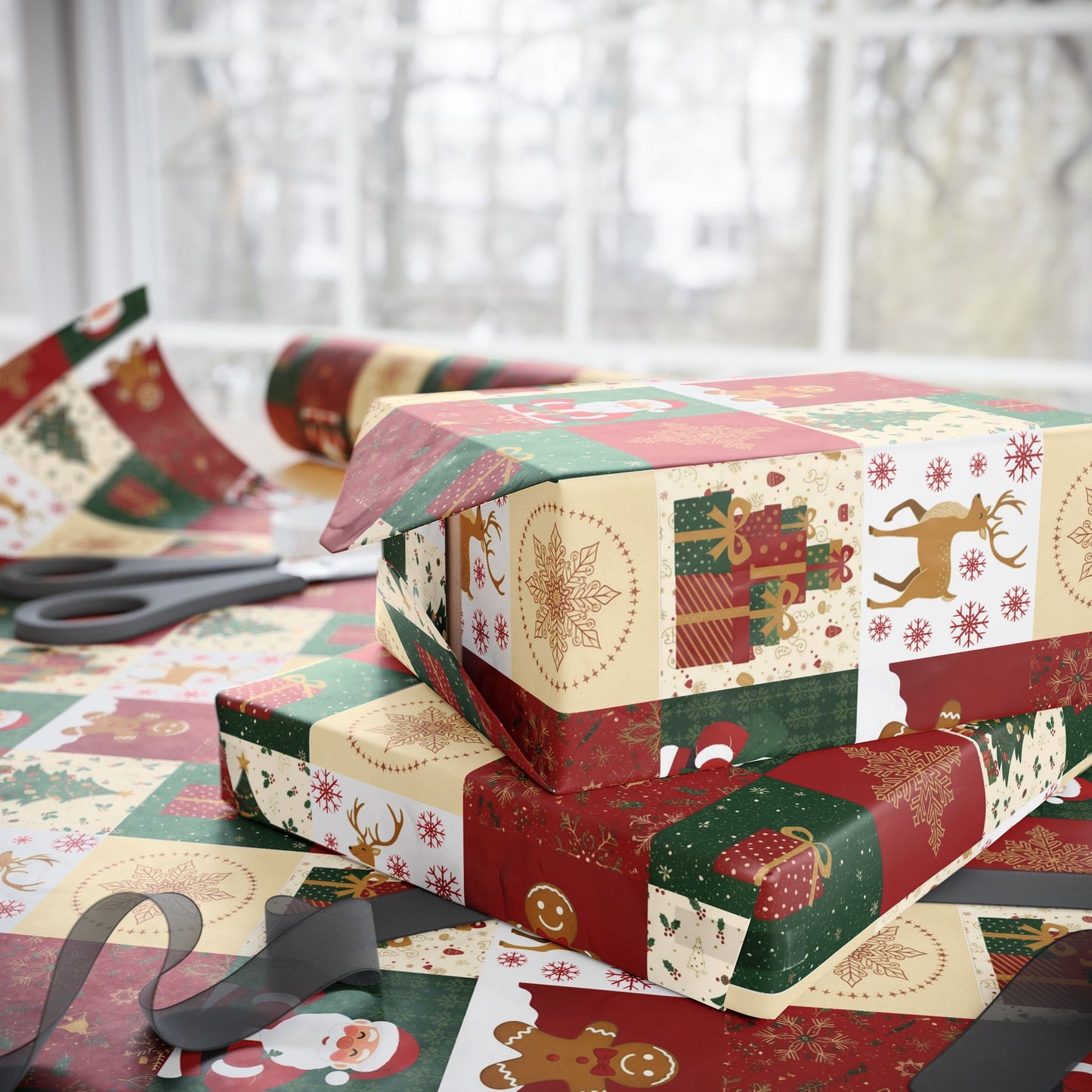 Christmas Patchwork Wrapping Paper Roll — Gingerbread, Trees & Red Green Christmas Pattern