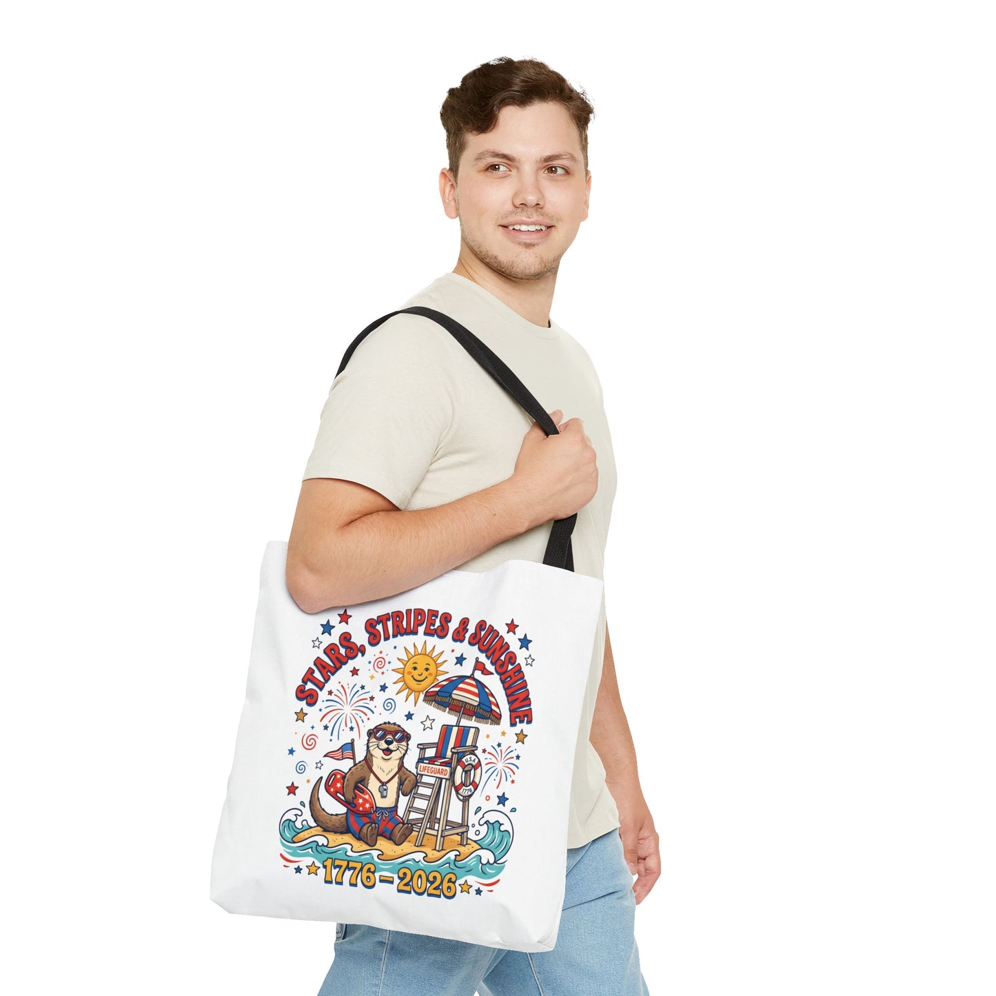Stars, Stripes & Sunshine Tote Bag — 1776–2026 Patriotic Summer Beach Tote, 4th of July Tote