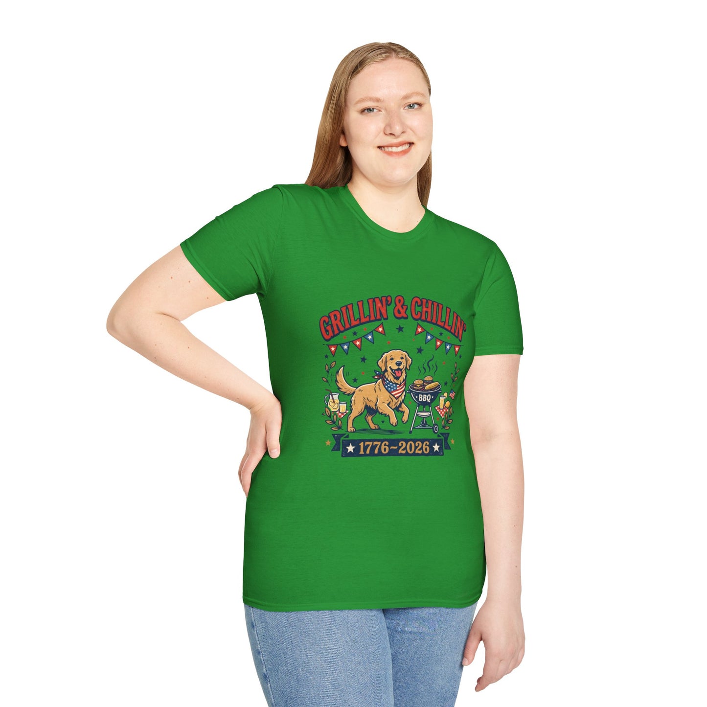 Grillin' & Chillin' BBQ Dog T-Shirt — 1776-2026 Patriotic Summer Tee, 4th of July Shirt, Independence Day Tee