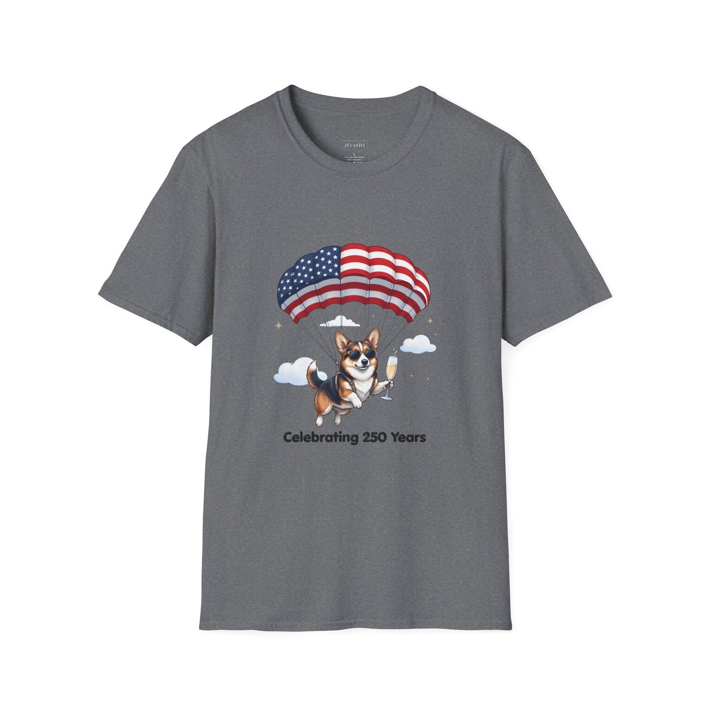 Corgi Parachute American Flag T-Shirt — "Celebrating 250 Years" Patriotic Tee