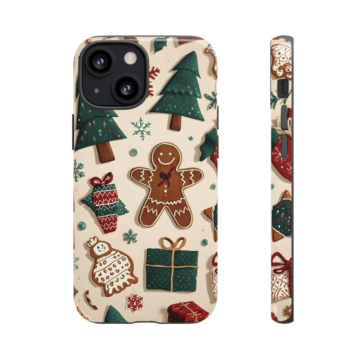 Christmas Phone Case with Gingerbread and Christmas Tree Design, Dual Layer Case for Iphone 17, 16, 15, 14, 13, 12, 11 & Samsung