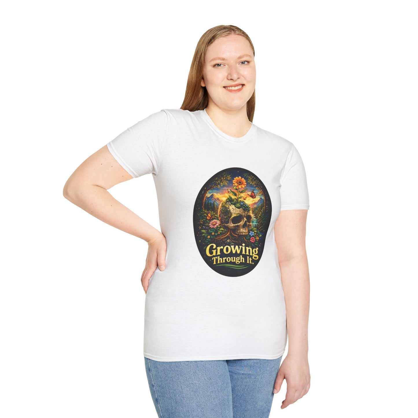 Growing Through It T-Shirt – Earth Day Nature Skull Graphic Tee | Mental Growth & Healing Shirt | Botanical Aesthetic Unisex Tee