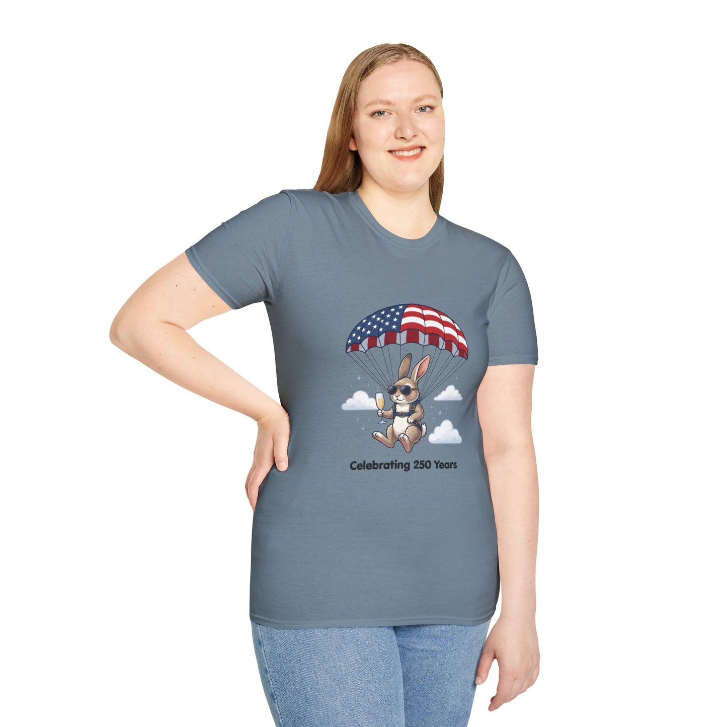 Patriotic Parachuting Bunny T-Shirt — "Celebrating 250 Years"