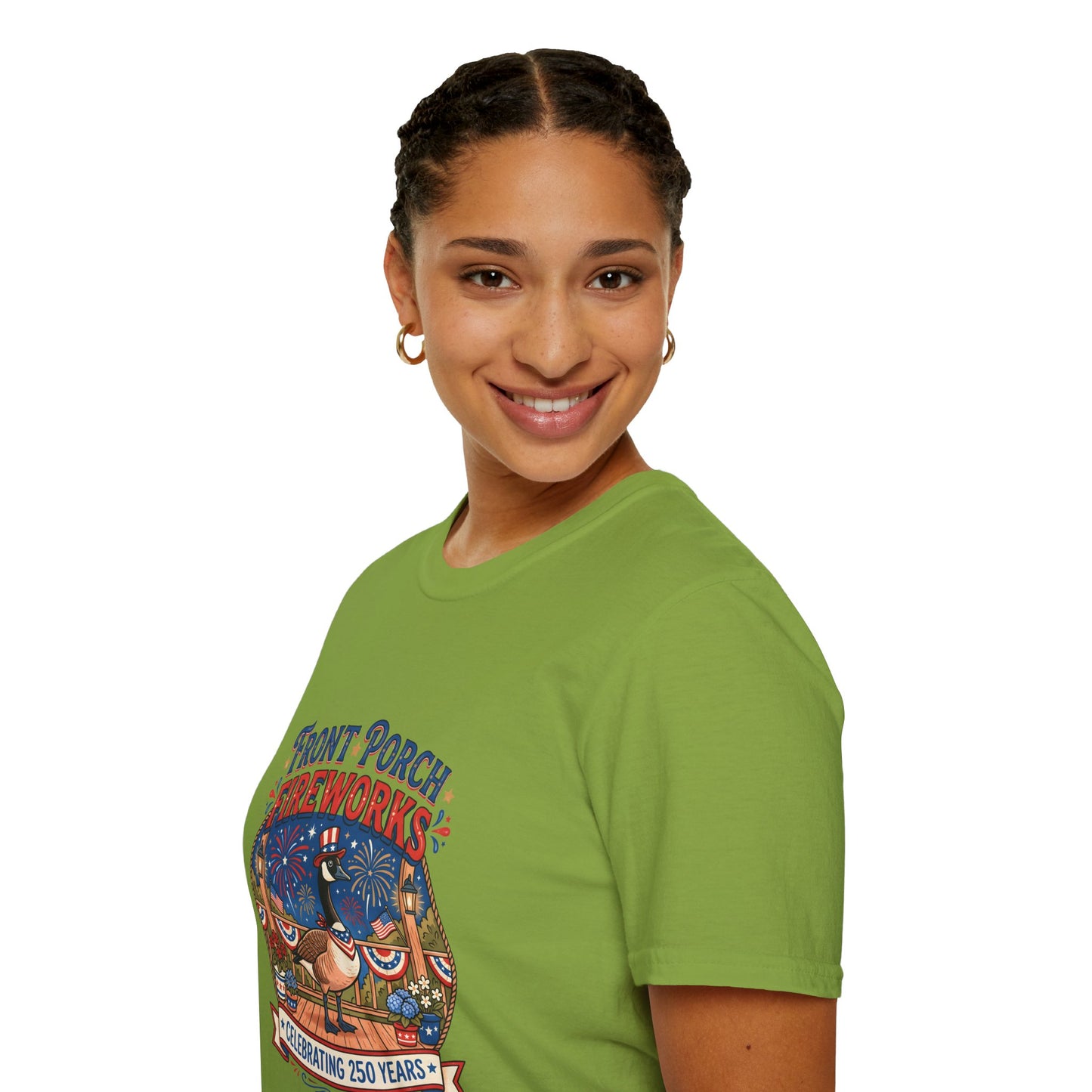 Front Porch Fireworks, Goose T-Shirt — Patriotic 4th of July Celebration Tee