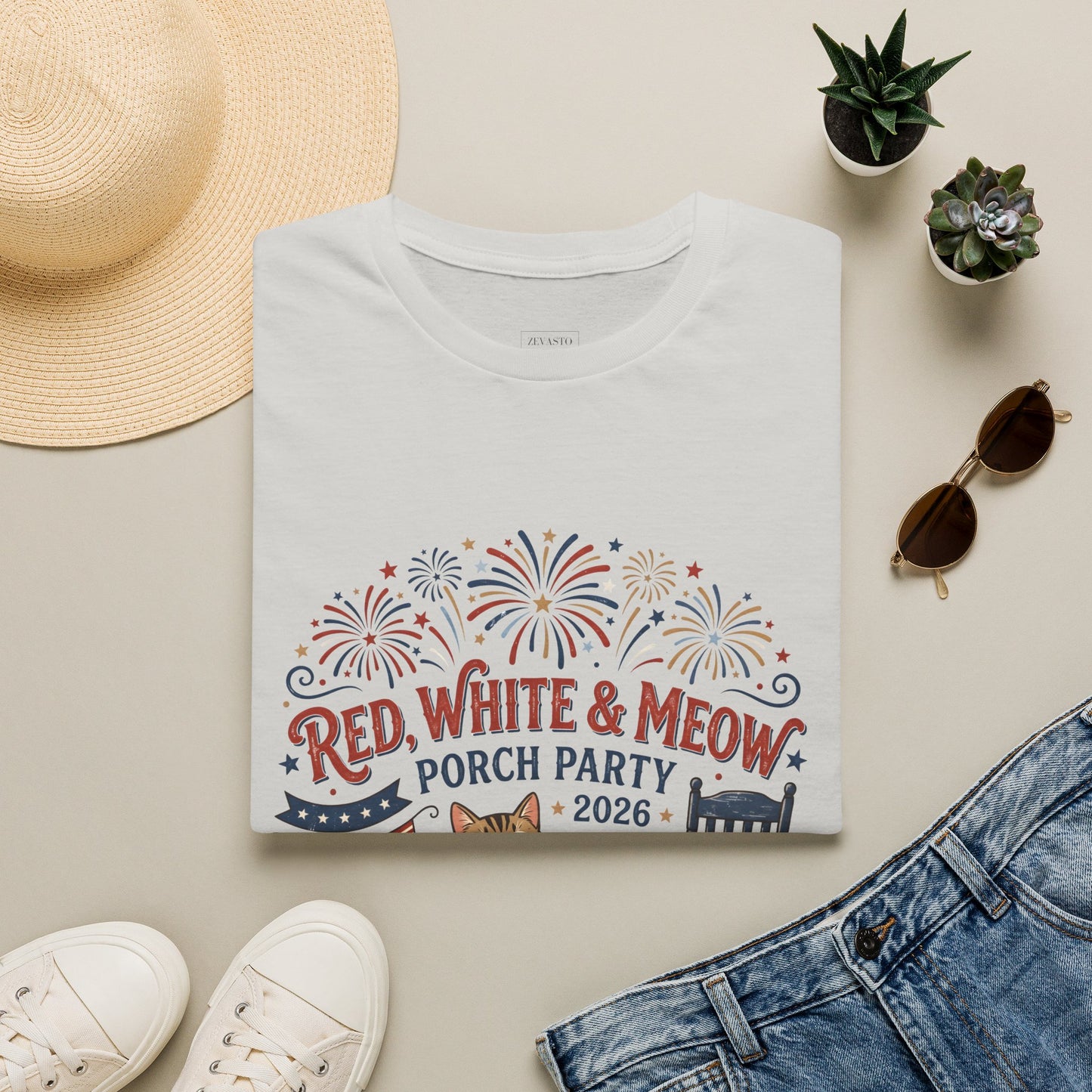 Red, White & Meow Porch Party T-Shirt — 2026 Patriotic Cat Tee, 4th of July Shirt, Independence Day Gift