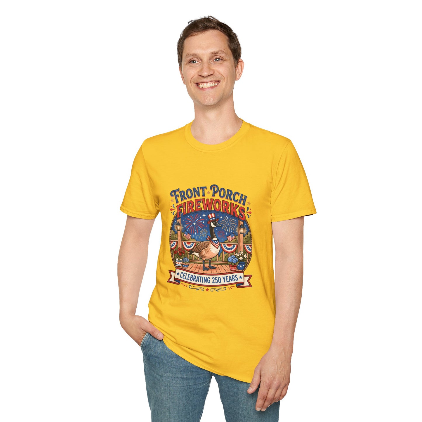 Front Porch Fireworks, Goose T-Shirt — Patriotic 4th of July Celebration Tee