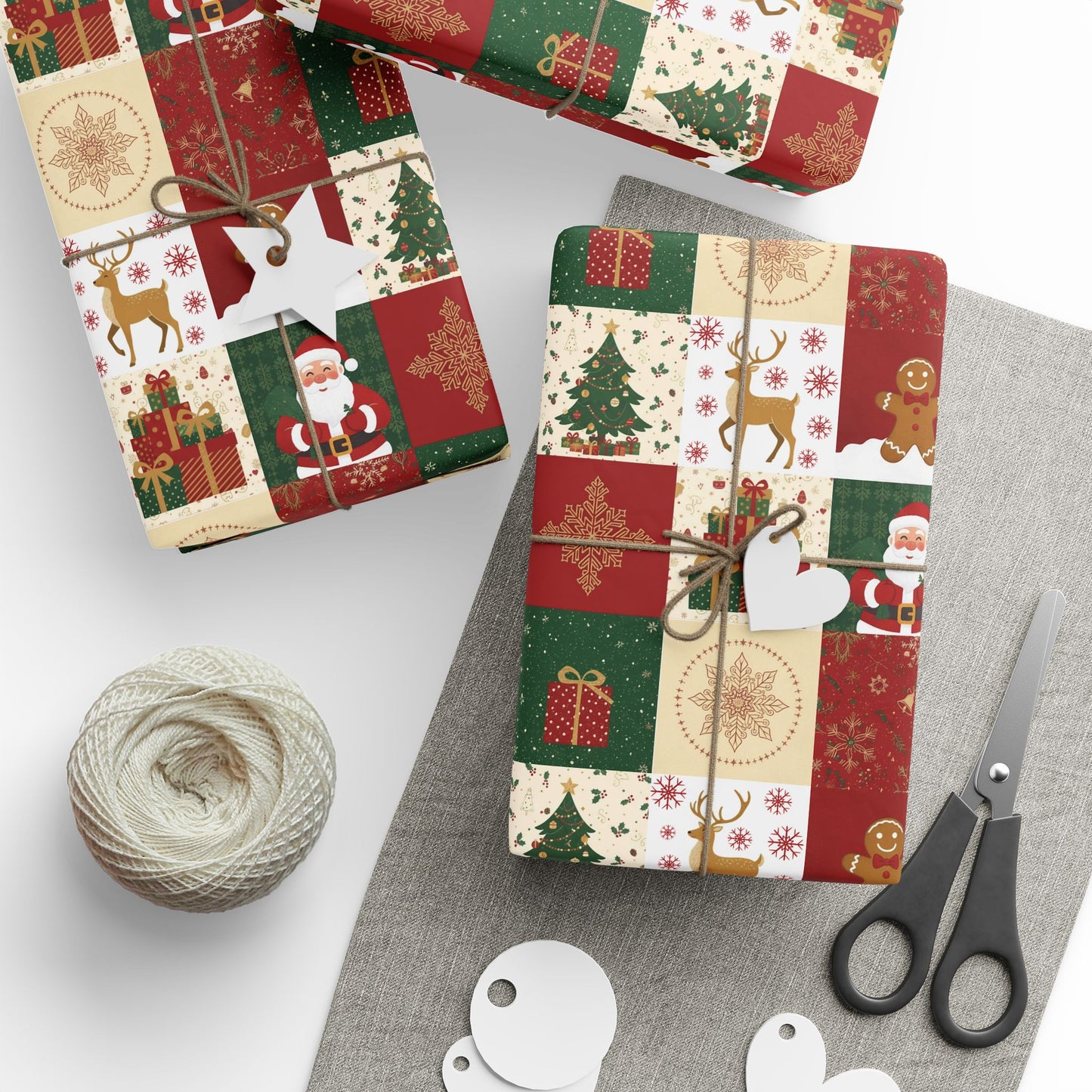 Christmas Patchwork Wrapping Paper Roll — Gingerbread, Trees & Red Green Christmas Pattern