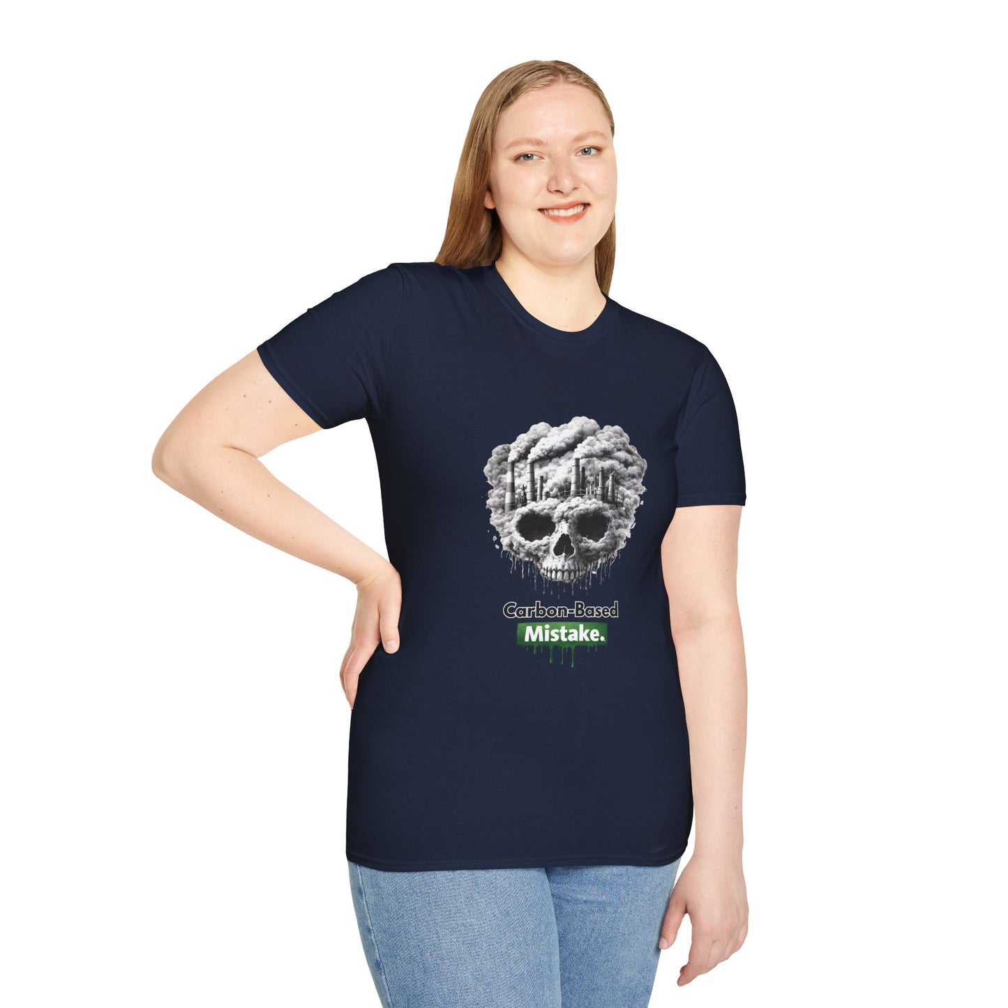 Carbon-Based Mistake Skull T-Shirt — Dark Humor Graphic Tee for Earth Day