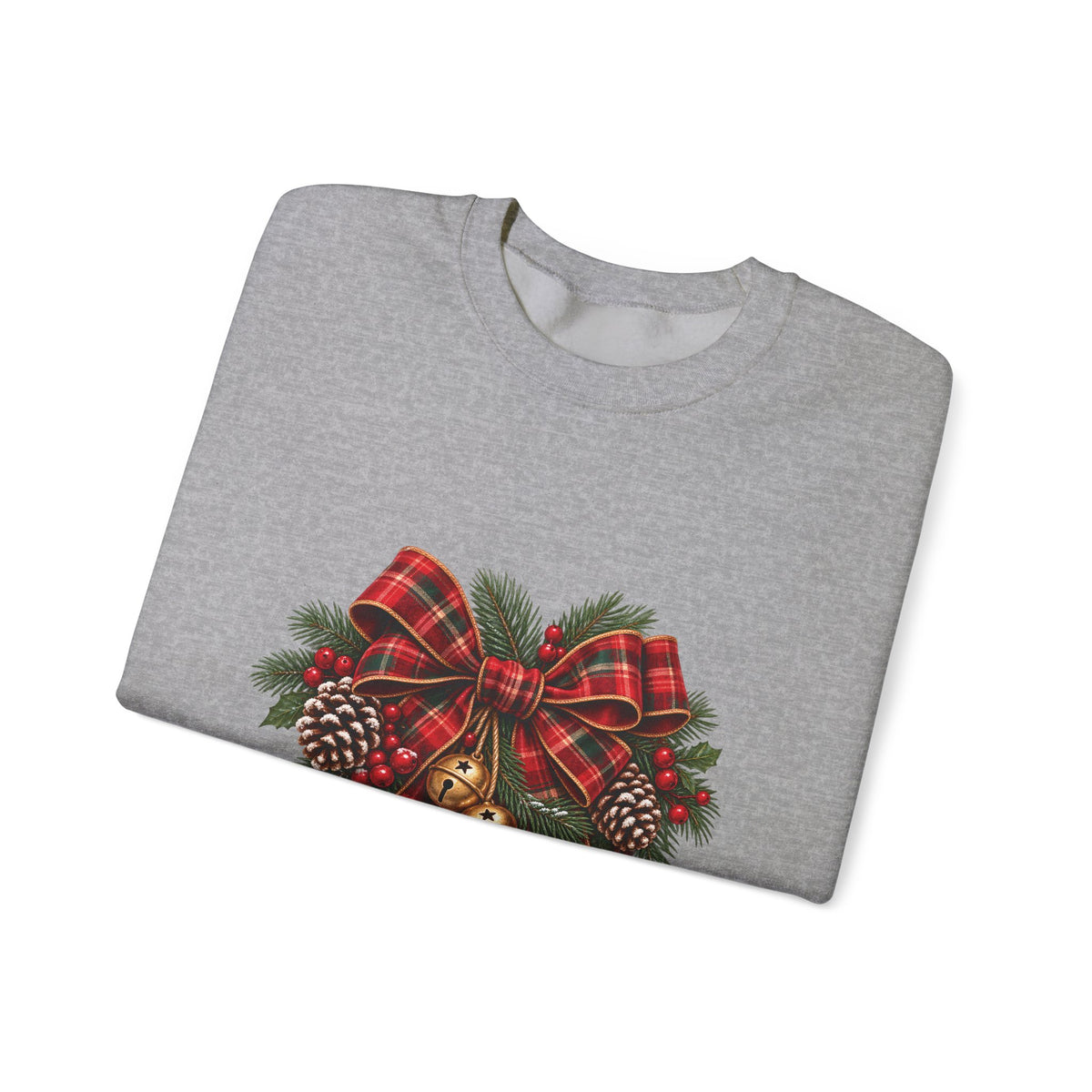 Christmas Plaid Bow Sweatshirt - Holiday Pinecone & Jingle Bells Crewneck
