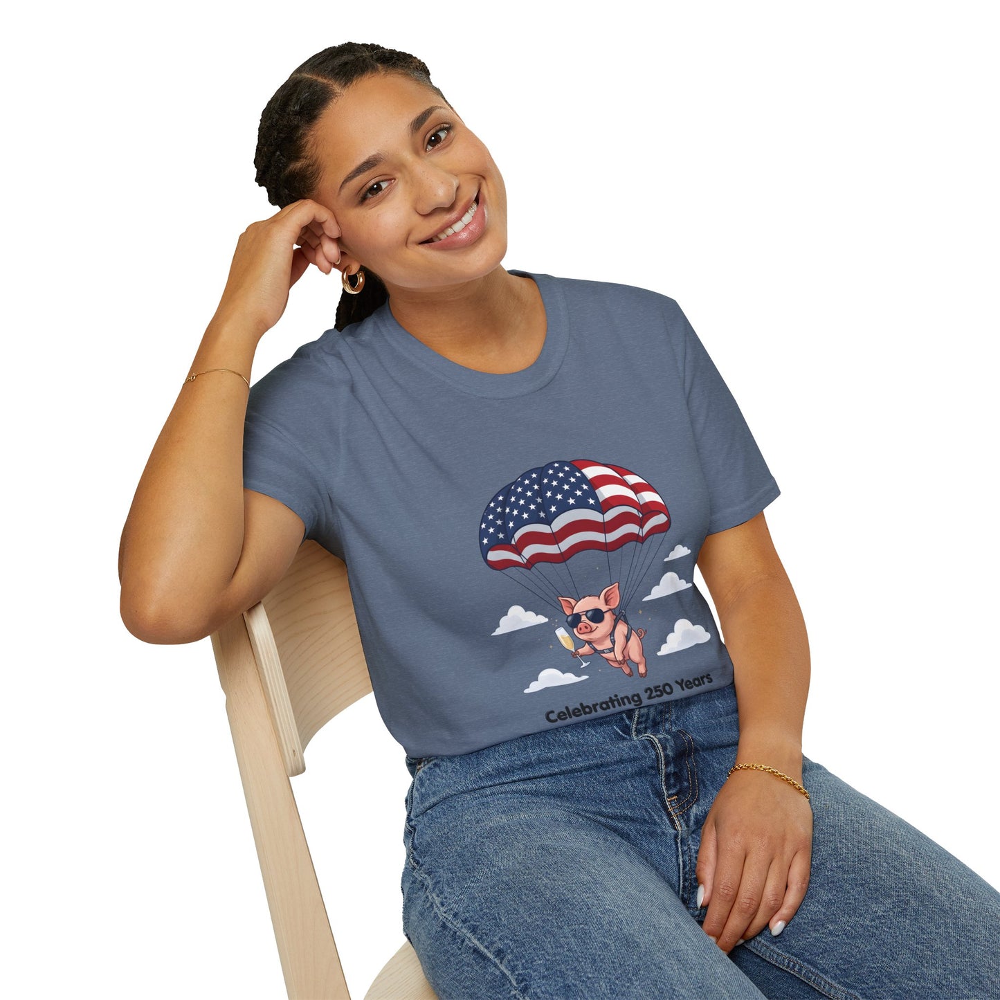 Patriotic Parachuting Piglet T-shirt - “Celebrating 250 Years”