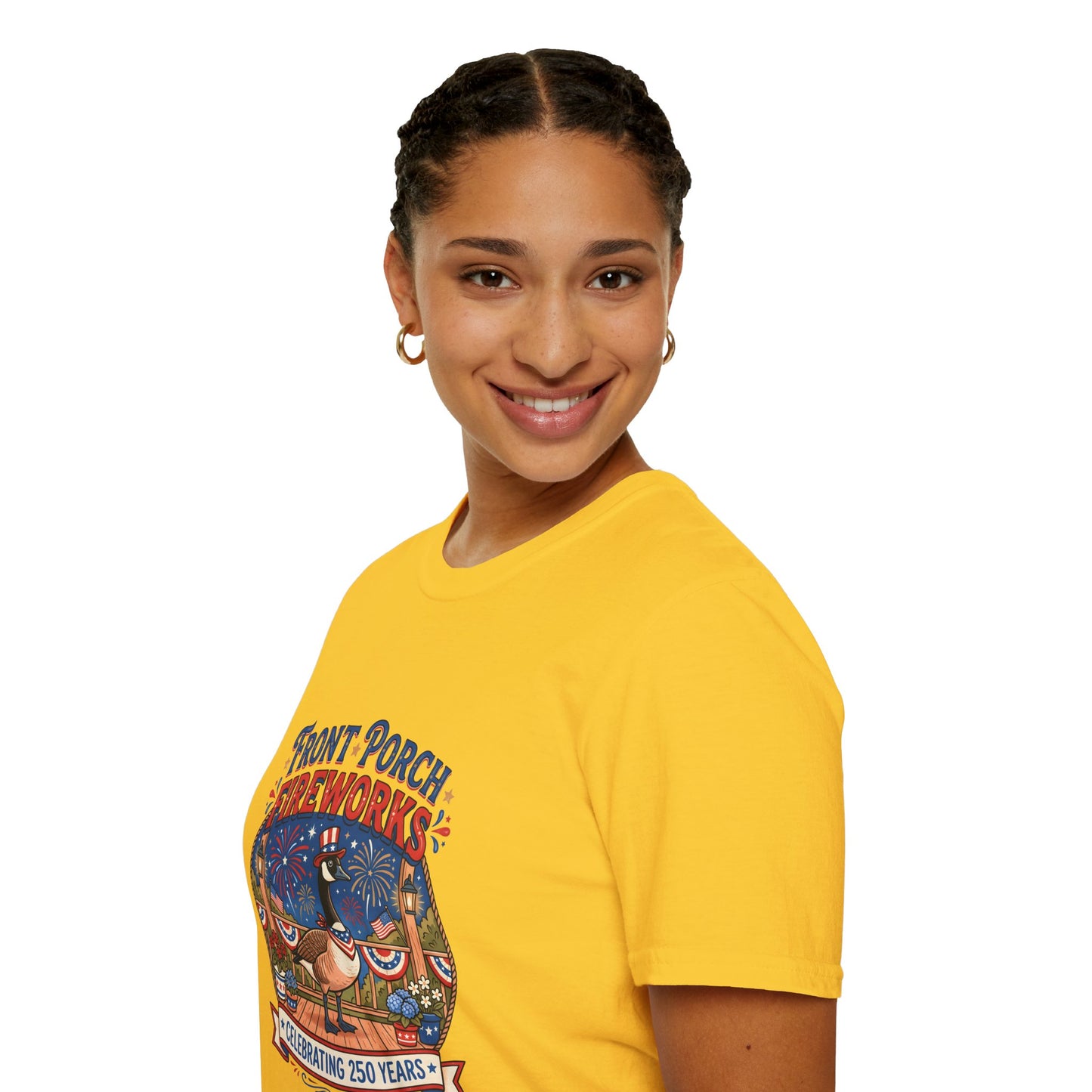 Front Porch Fireworks, Goose T-Shirt — Patriotic 4th of July Celebration Tee