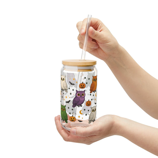 Halloween Owl Sipper Glass, 16oz | Cute Owl Drinkware | Fall Themed Mug | Spooky Decor