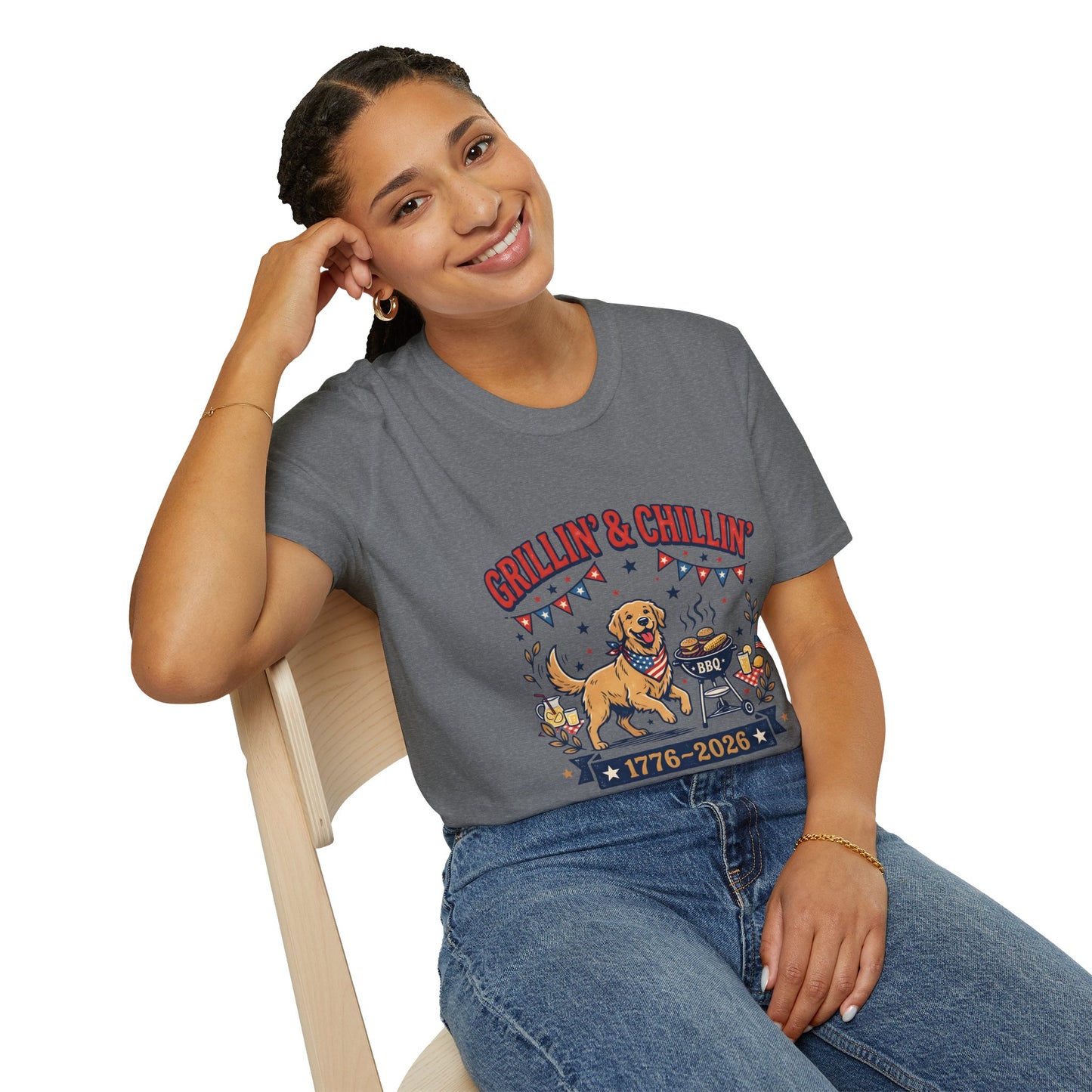 Grillin' & Chillin' BBQ Dog T-Shirt — 1776-2026 Patriotic Summer Tee, 4th of July Shirt, Independence Day Tee